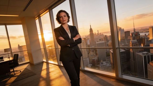 Executive woman standing in corner office overlooking city skyline at sunset