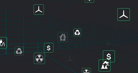 Floating energy and sustainability icons drifting through teal wireframe corridor