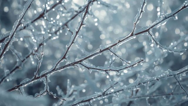 Branches coating with clear ice and delicate icicles creating frosty winter bokeh