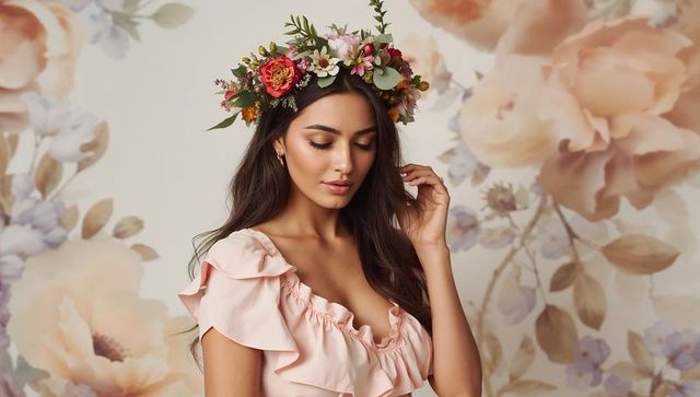 Elegant woman in flower crown posing against floral wall
