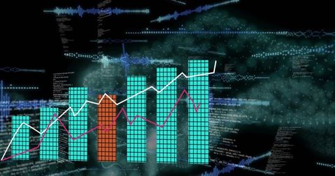 Holographic data visualization with rising tiled bar chart, line trends and code overlay