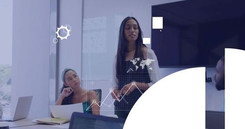 Businesswoman presenting data to team in modern boardroom with analytics overlays