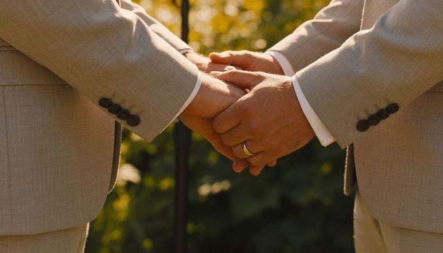 Two grooms holding hands wearing gold wedding band in beige suits outdoor garden golden hour