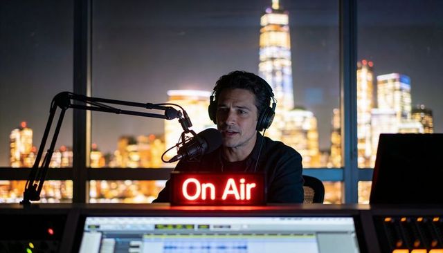 Late-night radio host broadcasting live from high-rise studio with city skyline