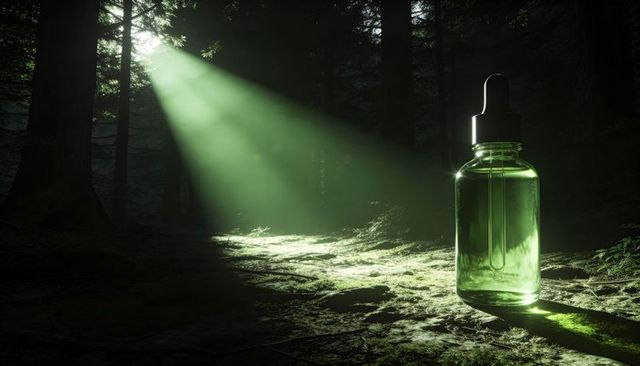 Emerald dropper bottle refracting sunbeam on mossy forest floor for natural skincare