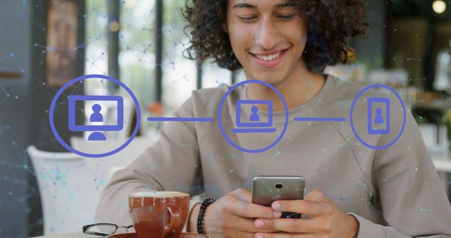 Image of icons in circles and connected dots over smiling biracial young man using cellphone. Digital composite, multiple exposure, communication, coffee, cafes and technology concept.