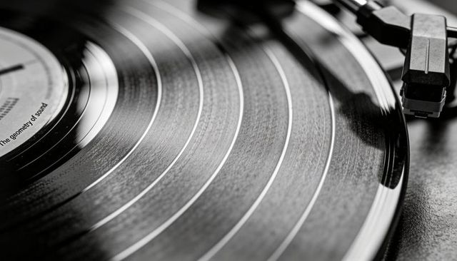 Macro vinyl grooves tonearm stylus touching groove on vintage turntable monochrome closeup