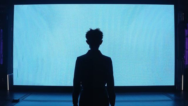 Silhouette Facing Large Cyan LED Wall in Futuristic Stage Setting