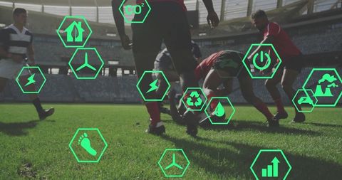 Rugby players tackling in ruck with sustainable tech icons overlay