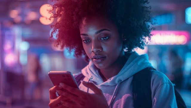 Young Woman with Smartphone in Neon-Lit Urban Setting