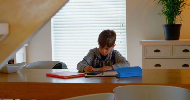 Young Boy Studying at Home with Books on Table - Download Free Stock Images Pikwizard.com