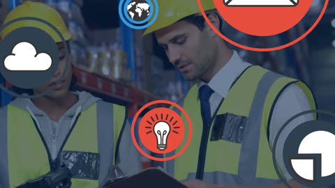 Warehouse Workers with Digital Icons Indicating Technology