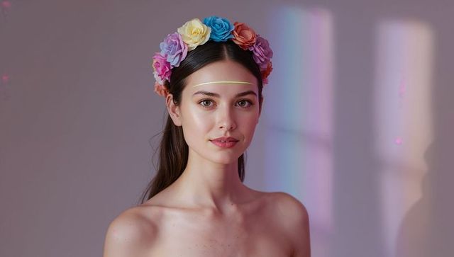Elegant woman with colorful flower crown in artistic portrait