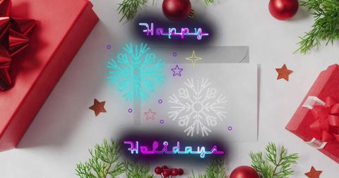Neon Happy Holidays Message with Christmas Decorations - Download Free Stock Images Pikwizard.com