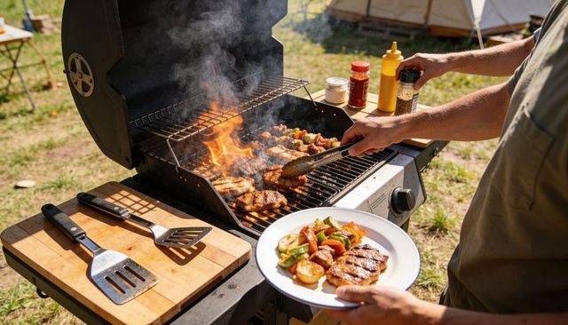 Camping barbecue grilling pork chops and vegetable skewers on portable gas grill