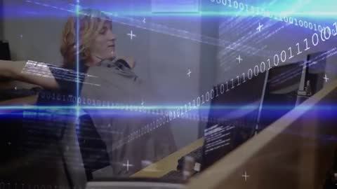 Programmer Relaxing During Intense Coding Session with Digital Overlay