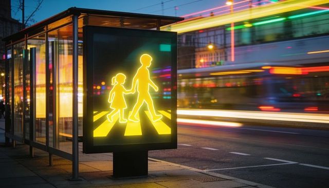 Glowing neon pedestrian crossing sign illuminating transit shelter with tram light trails