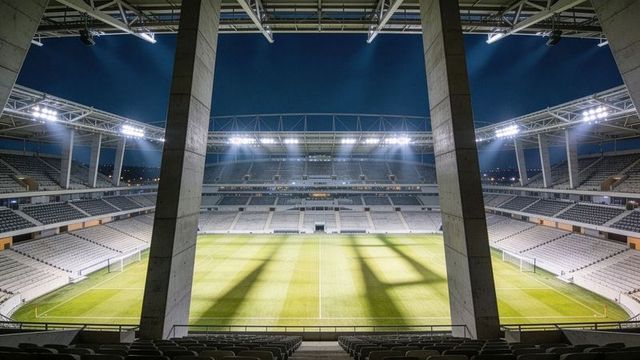 Empty modern soccer stadium under floodlights at night with illuminated pitch and shadows