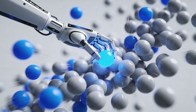 Robotic gripper selecting glowing blue sphere among metallic particles for ai automation