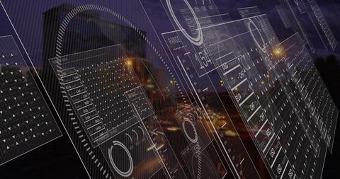 Futuristic Digital Interface Display Overlaying Cityscape