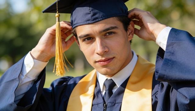 Confident young graduate adjusting mortarboard in navy gown with gold stole on campus lawn