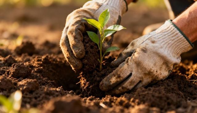 Gloved hands planting young seedling into rich soil under warm golden sunlight for growth