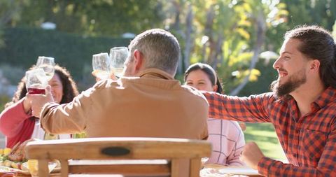 Diverse Friends Toasting During Outdoor Celebration Gathering