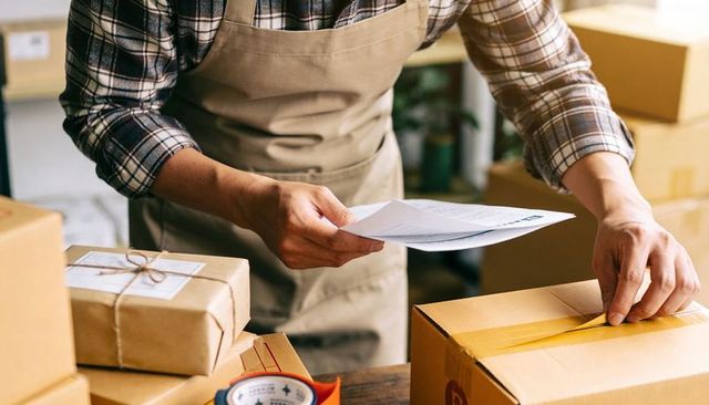 Packer Sealing and Labeling Shipping Boxes on Worktable for Small Business Fulfillment