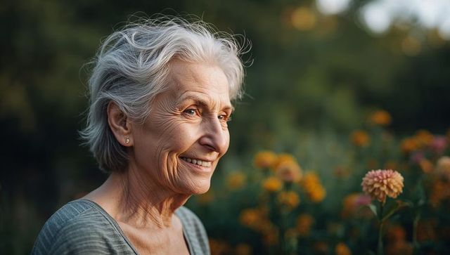 Smiling senior woman gazing in garden at golden hour closeup with soft bokeh and warm flowers