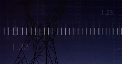 Power lines and digital overlay highlighting technology and energy