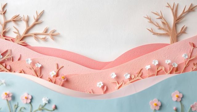 Pastel paper hills diorama with blossoms and bare branches, textured pastoral scene