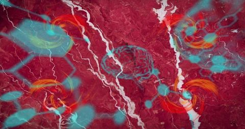 Cyan wireframe brain linking molecular nodes with orange vortices over red neural topology