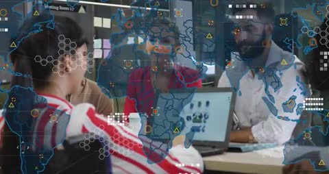 Business Team Analyzing Data with Global Connectivity Overlay