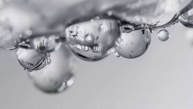 Macro droplets clinging to glass edge reflecting highlights and internal bubbles