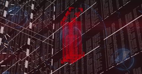 Red Hologram Figurine Projecting Over Digital Code Columns and Network Grid With Blue Mesh