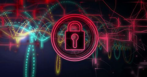 Vivid colors and distinct lock icon create imagery depicting digital security. Useful for illustrating cybersecurity themes, data protection services, or online privacy campaigns. Ideal for presentations, infographics, websites specializing in technology and cybersecurity.