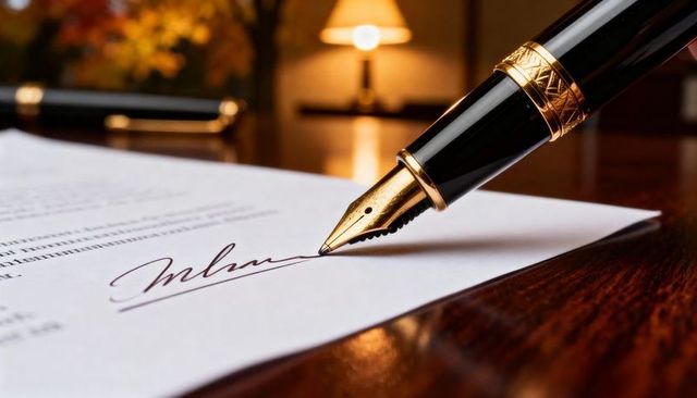 Luxury fountain pen signing legal contract on polished wooden desk with warm lamp glow