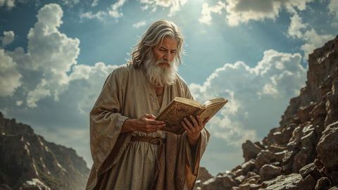 Elderly moses reading book in rocky landscape under bright sky