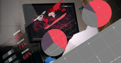 Scientist analyzing global data overlays at workstation with charts and dashboard