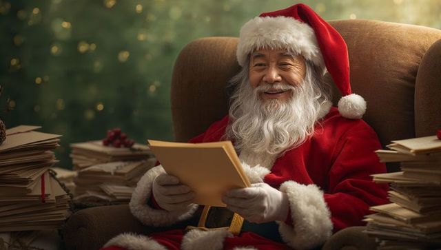Senior Santa Reading Letters in Cozy Holiday Setting