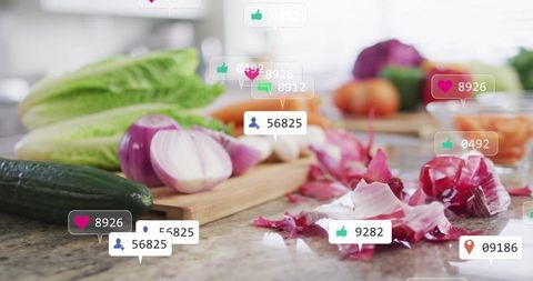 Displaying fresh vegetables with social media engagement overlays on kitchen counter
