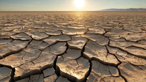 Cracked earth forming polygonal plates at sunset in drought conditions