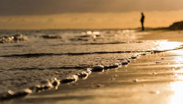 Silhouetted figure standing on golden shore at sunset with wet sand reflections