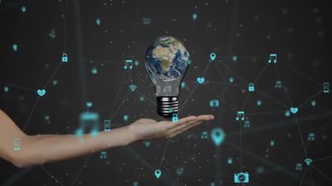 Hand Holding Light Bulb with Rotating Earth and Digital Network Icons