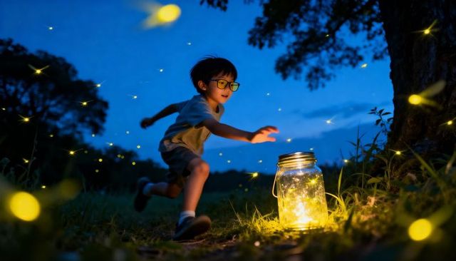 Curious boy reaching for glowing mason jar while chasing fireflies at twilight