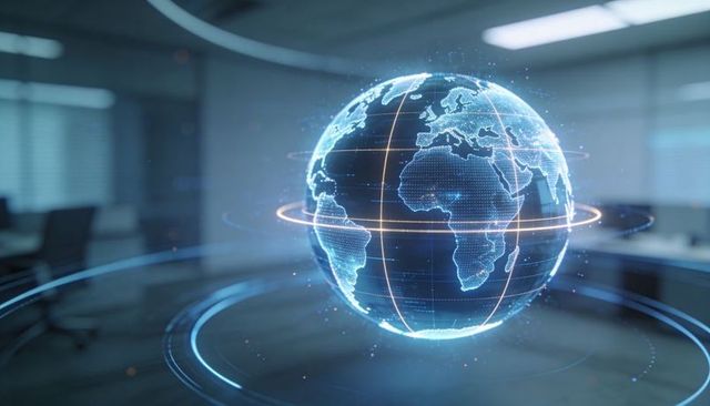 Holographic Globe Projecting Global Business Data with Orbiting Rings in Modern Boardroom