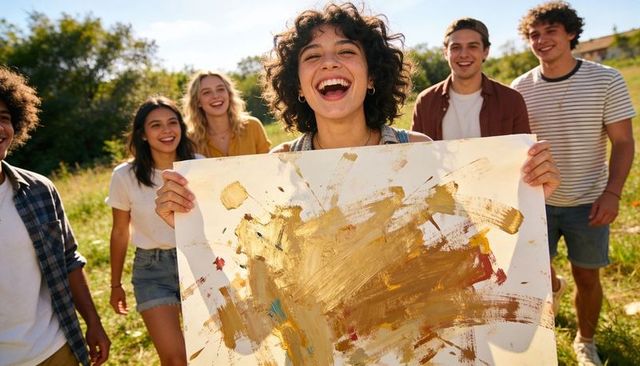 Young woman holding large abstract gold painting leading friends through sunlit meadow