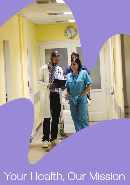 Medical professionals collaborating in hospital corridor is useful for healthcare promotions, hospital advertisements, and educational materials highlighting teamwork and trust in medical settings.