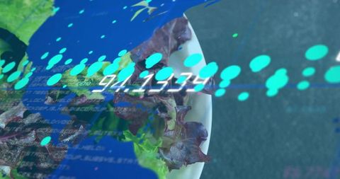 Turquoise hud visualizing freshness sweeping across salad bowl with ceramic closeup
