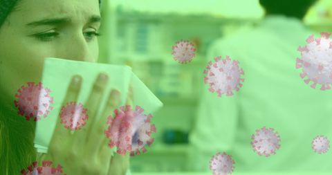 Woman Sneezing with Virus Particles in Pharmacy Concept - Download Free Stock Images Pikwizard.com